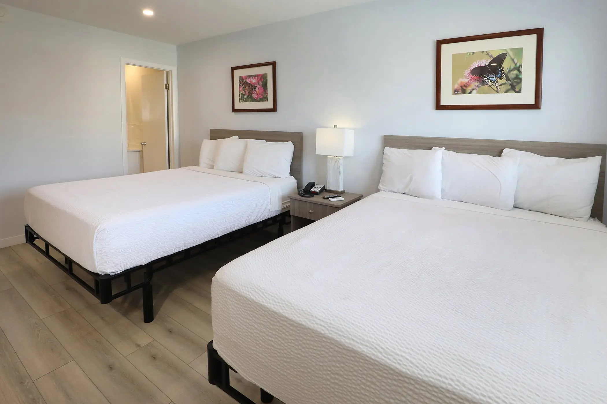 The two queen beds in a Type 10 Townhouse Motel Room at the Matador, with a nightstand and lamp between them